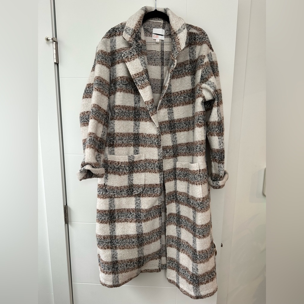 Gianni Bini Gray and Brown Plaid Trench Coat